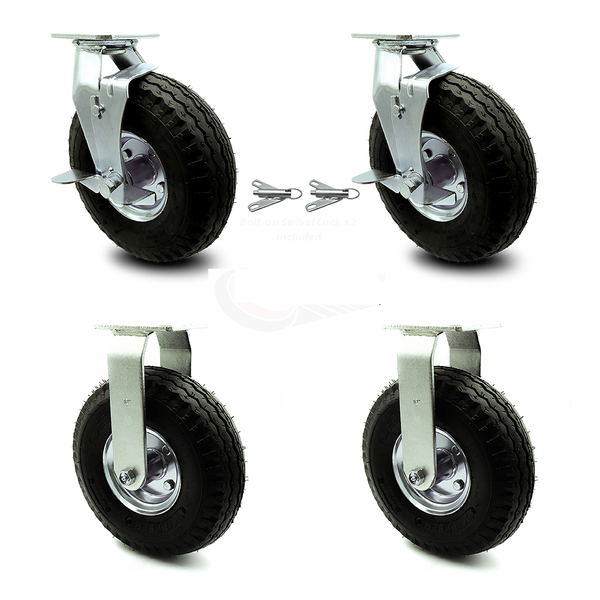 Service Caster 10 Inch Black Pneumatic Wheel Caster Swivel with Brake Swivel Lock 2 Rigid, 2PK SCC-100S3504-PNB-TLB-BSL-2-R-2